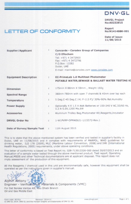 DNV-GL Letter of Conformity